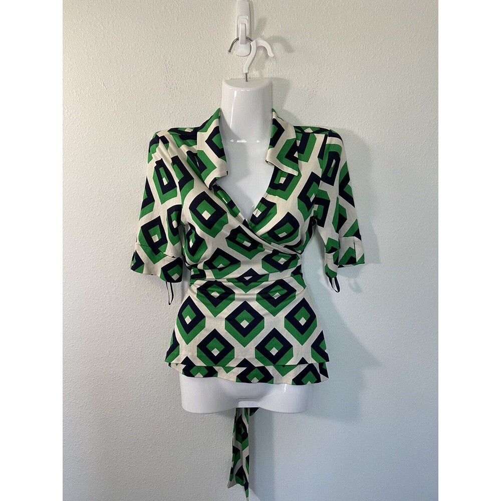Diane Von Furstenberg Green and Black Geometric Blouse